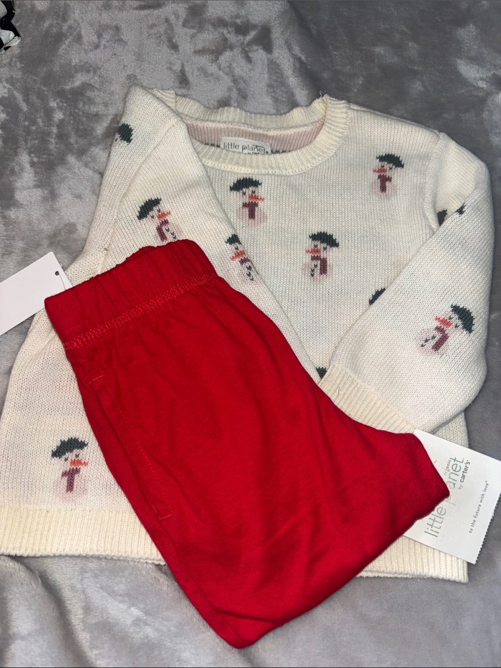 Cream Snowman Knit Top with Red Pants